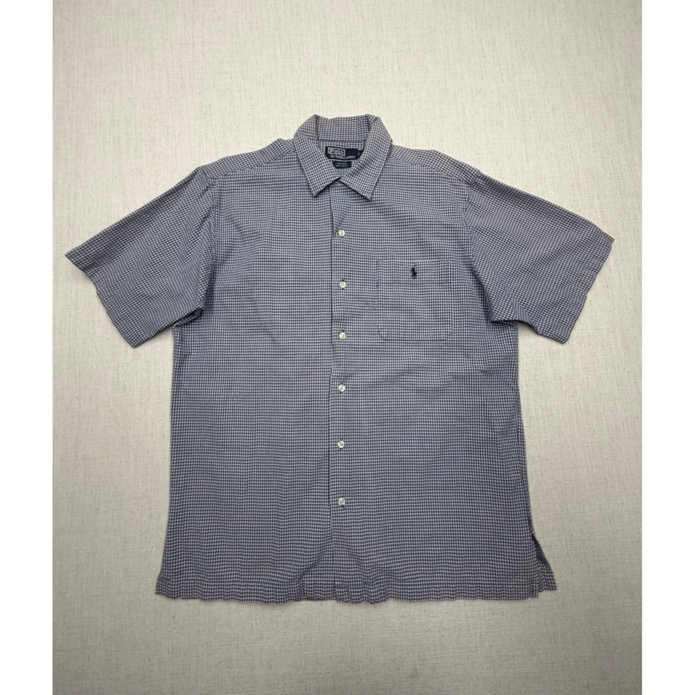 VTG Polo Ralph Lauren Adams Mens Medium Blue Gingham Short Sleeve Button Shirt
